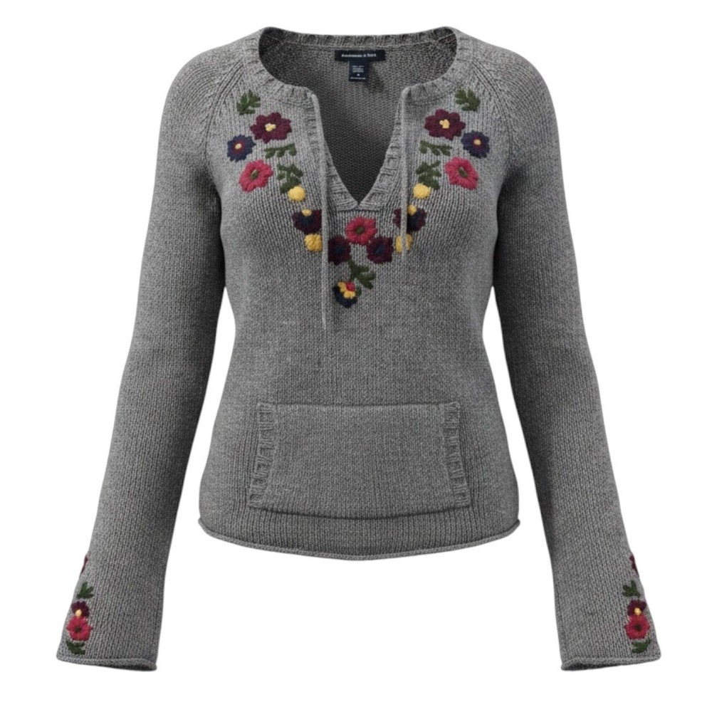 Abercrombie & Fitch Y2K Floral Embroidered Wool Blend Gray Knit Sweater Medium